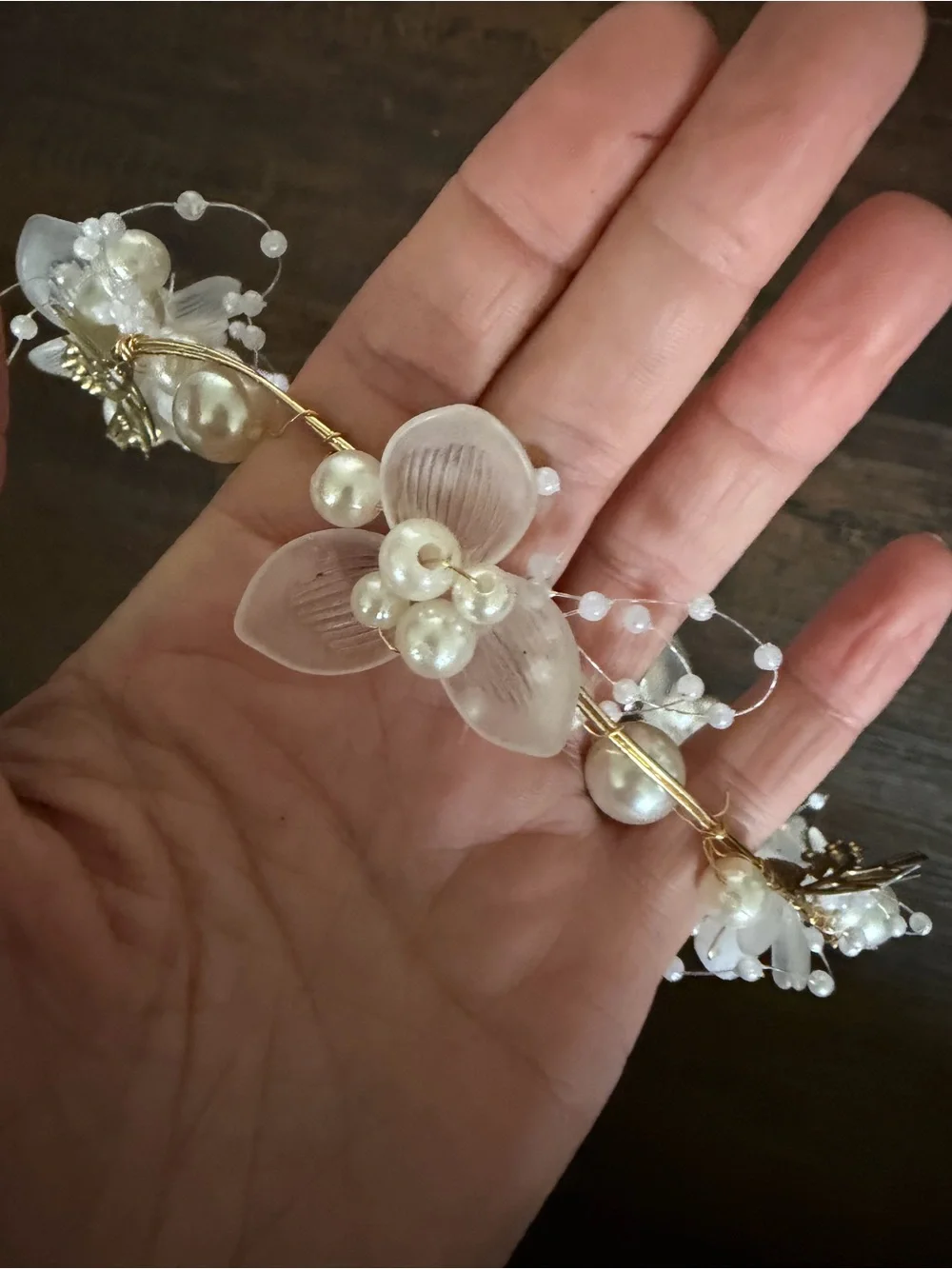 Pearl & Floral Bridal Hair crown with Ribbon Ties - Ivory